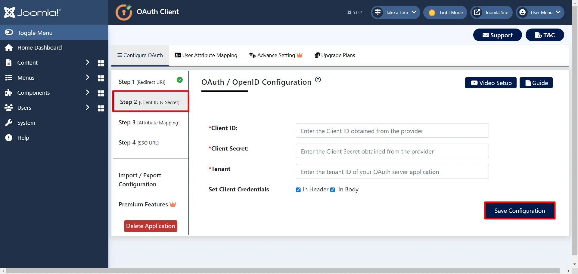 OAuth Single Sign-On SSO into Joomla - Save Configuration